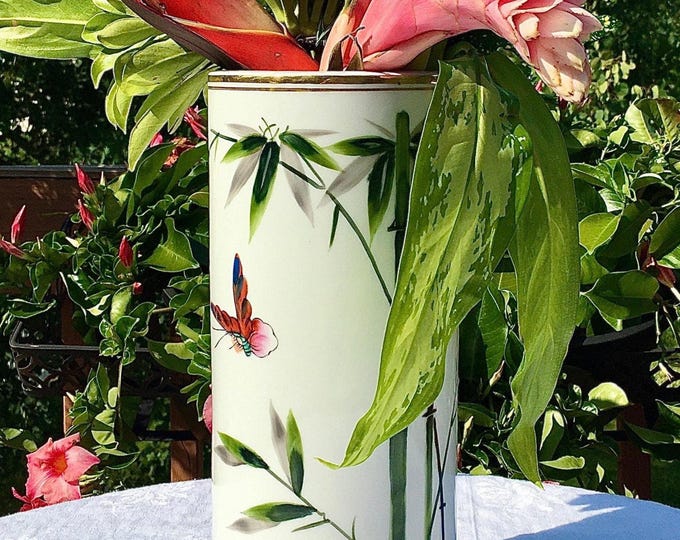 Asian Regency Hand Painted Bamboo Butterfly Vase