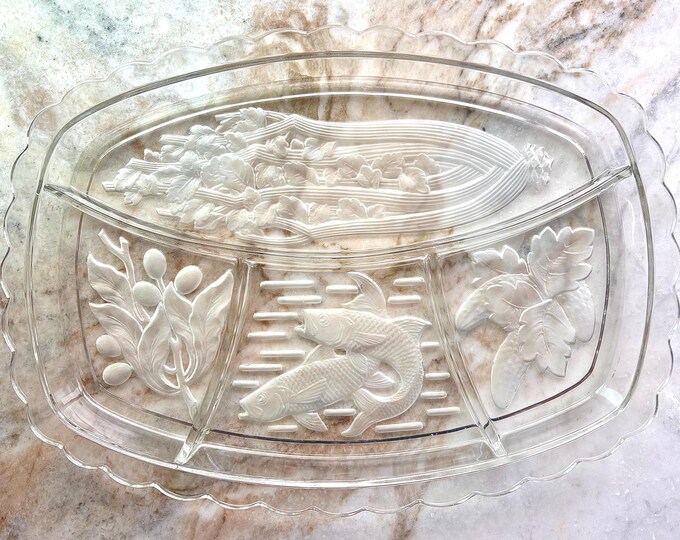 Intaglio Tiara Glass Fish & Floral 4 Part Relish Platter