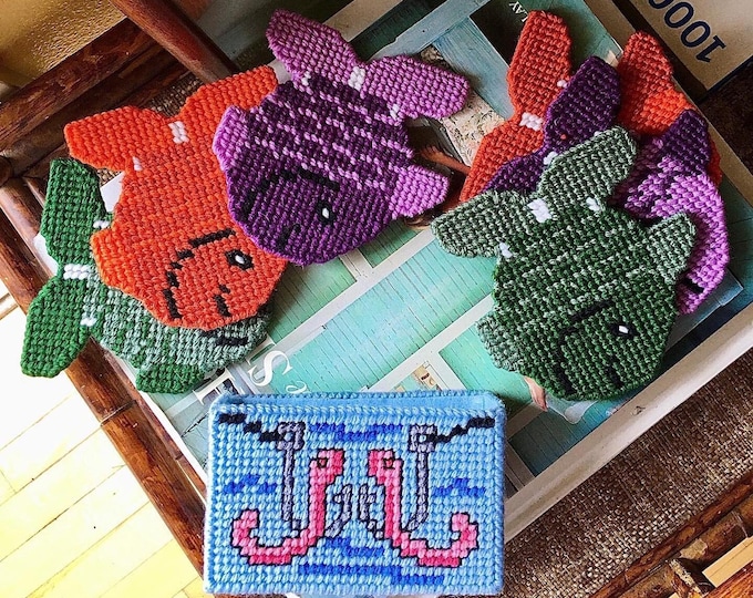 Needlepoint Fish Coaster Set & Holder *7 Piece Set