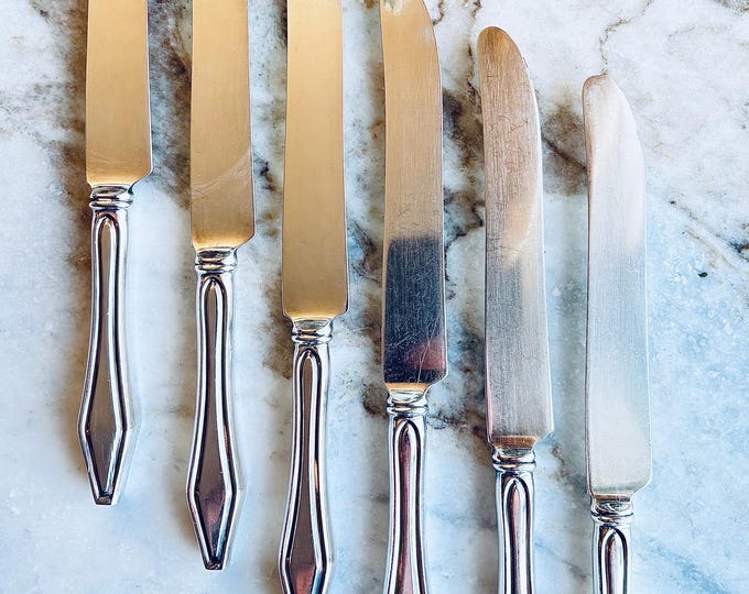 Antique Deco Holmes & Edwards “Jamestown 1916” Silver Inlaid French Hollow Blunt Knives *Set of 6