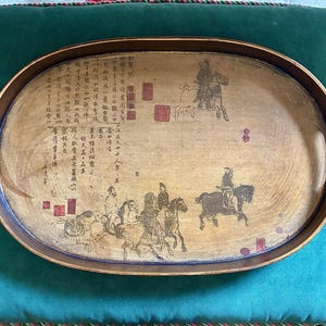 Antiqued Hand Painted Asian Motif Wood Tray