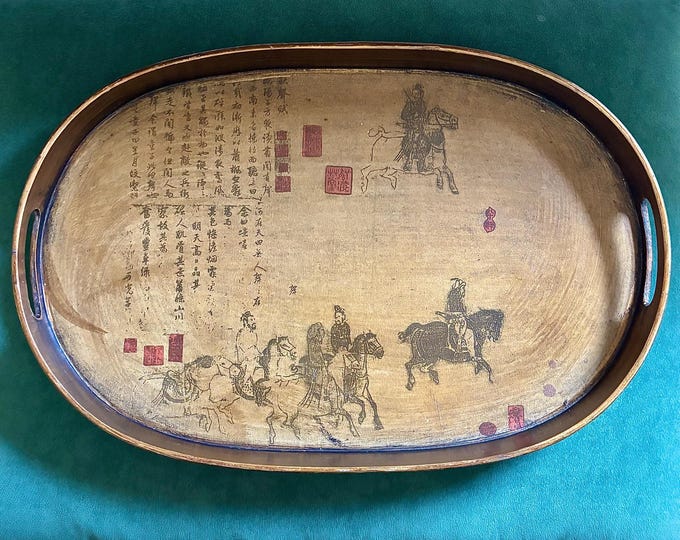 Antiqued Hand Painted Asian Motif Wood Tray