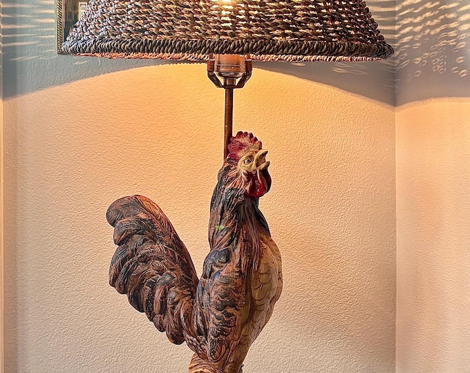 French Country Vintage Hand Painted Spelter Rooster Lamp *shade sold separately