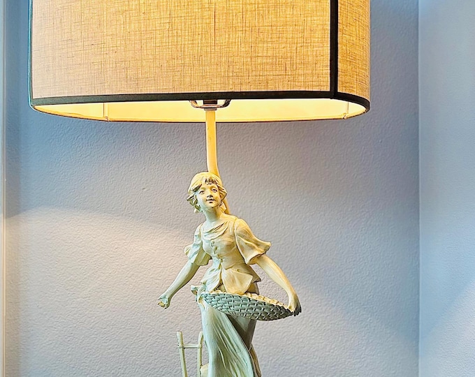 Antique JB Hirsch Spelter Lamp of French Peasant Girl With Custom Shade