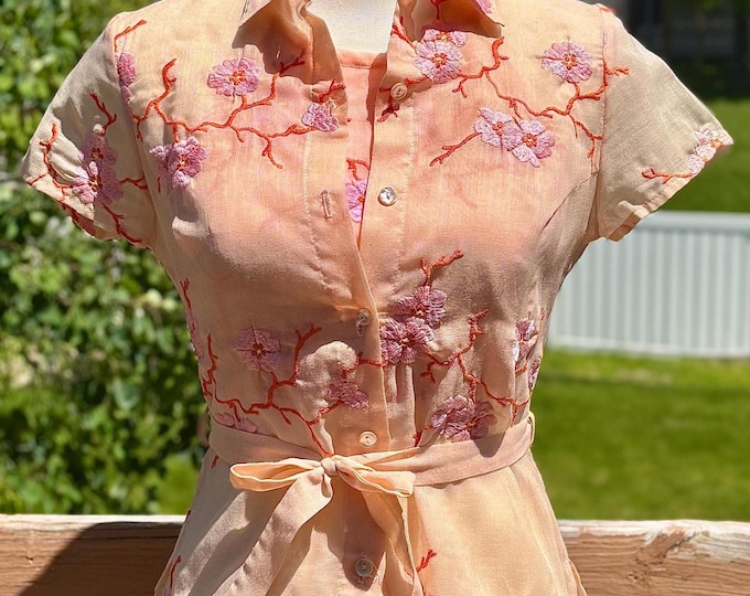 Rare Tocca Cherry Blossom & Coral Branch Embroidered Blouse Ladies 6