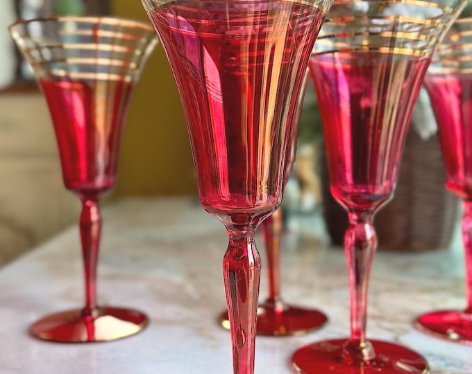 Antique French Cranberry & Gold Champagne Flutes *Set of 5