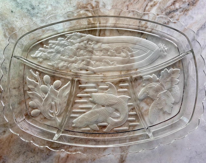 Intaglio Tiara Glass Fish & Floral 4 Part Relish Platter