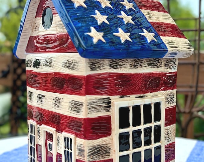 Kimble For Sakura Hand Painted Stars & Stripes Manor Cookie Jar