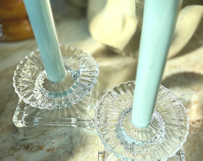 Heisey Deco Glass “Ridgeleigh” Candleholders *Pair