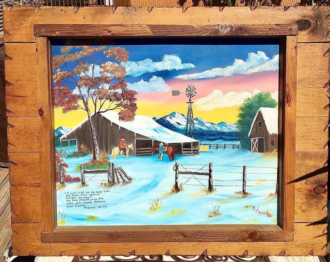 Folk Art Oil Painting with Tramp Art Frame