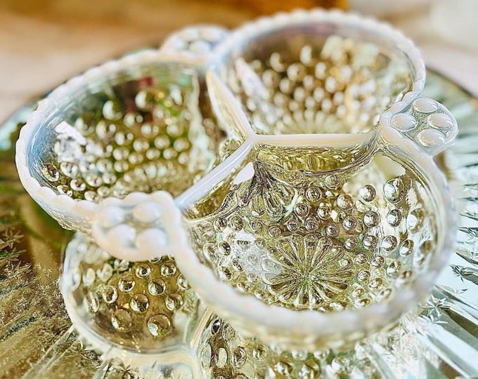 Moonstone Opalescent Hobnail Clover Dish