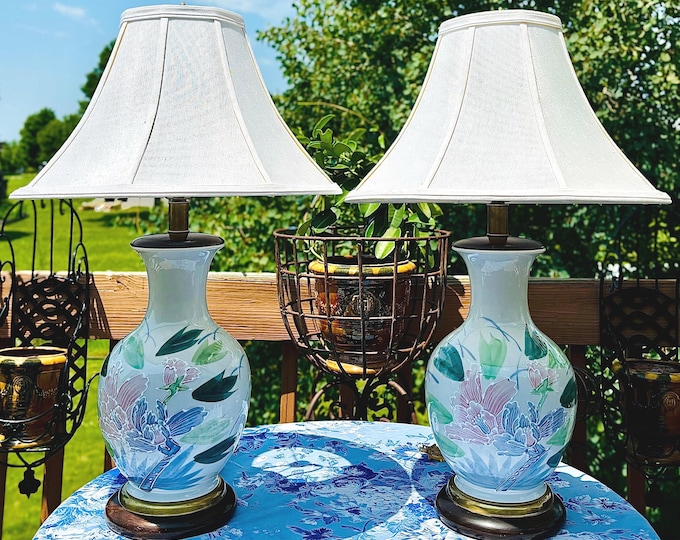 Frederick Cooper Handpainted Moriage Lamps with Silk Shades *Sold as a pair