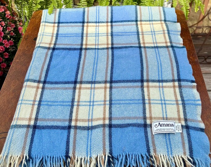 Vintage Amana 100% Wool Blue Tartan Fringed Stadium Throw