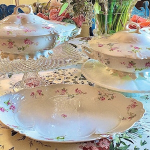 May include: Elegant white porcelain serving dishes with pink floral patterns. The set includes two lidded tureens, a serving platter, and plates, all arranged on a floral tablecloth. A clear glass cake stand is also visible.