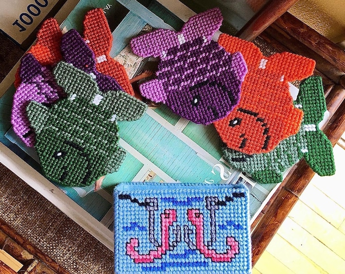 Needlepoint Fish Coaster Set & Holder *7 Piece Set