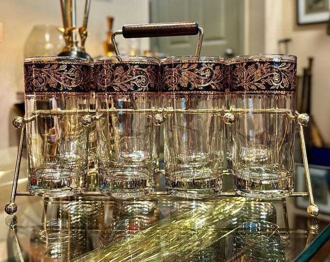 Culver “Bavaria” Black & 22K Gold Highballs with Original Brass Caddy *9 piece set