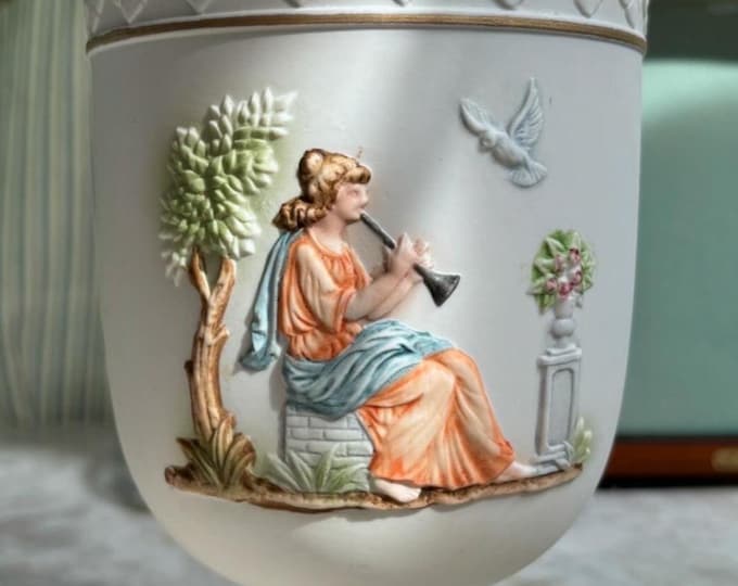Vintage Rococo Apothecary Jar of Grecian Goddess & Cherub Bisque