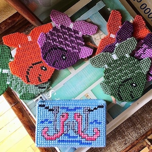 Needlepoint Fish Coaster Set & Holder