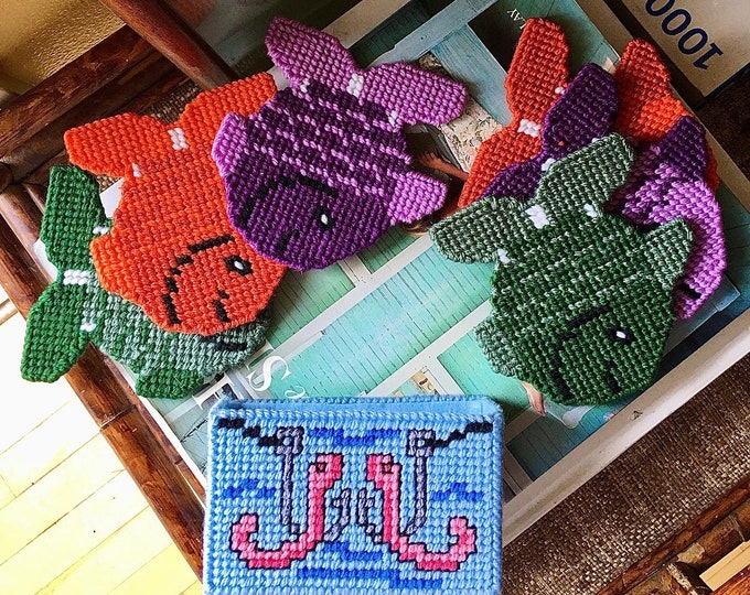 Needlepoint Fish Coaster Set & Holder