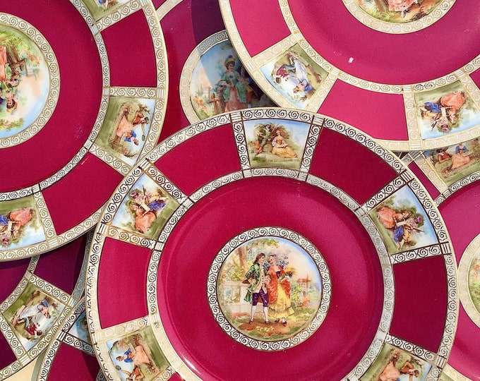 Antique Pirkenhammer Rare Raspberry Victorian Scene's 10.5" Dinner Plates *Set of 11