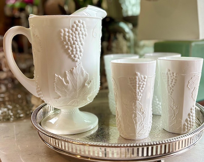 Indiana Milk Glass “Grape & Ivy” Pitcher Set