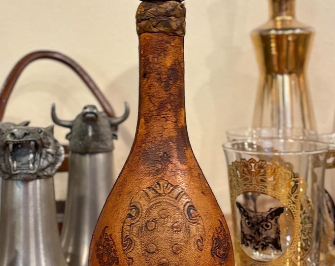 Mid-Century Crested Italian Tooled Leather Decanter