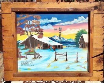 Folk Art Oil Painting with Tramp Art Frame