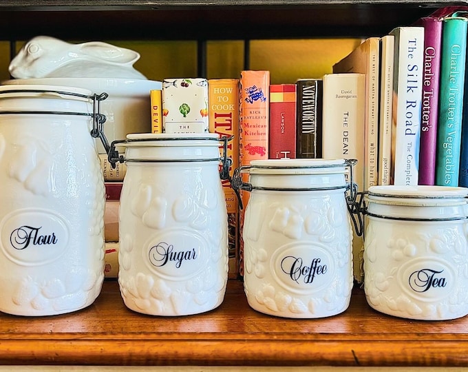 Milk Glass & Navy Script Canister Set by Wheaton