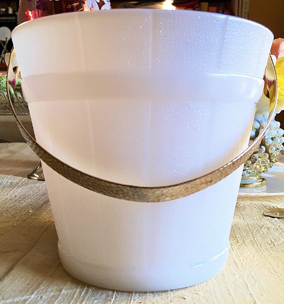 Vintage Milk Glass Ice Bucket with Hammered Brass Handle by Etsy