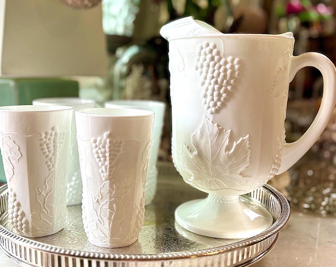Indiana Milk Glass “Grape & Ivy” Pitcher Set *5 Piece Set