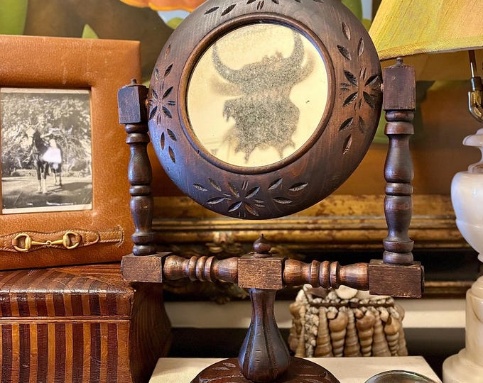 Antique Victorian Turned  Wood Shaving Mirror