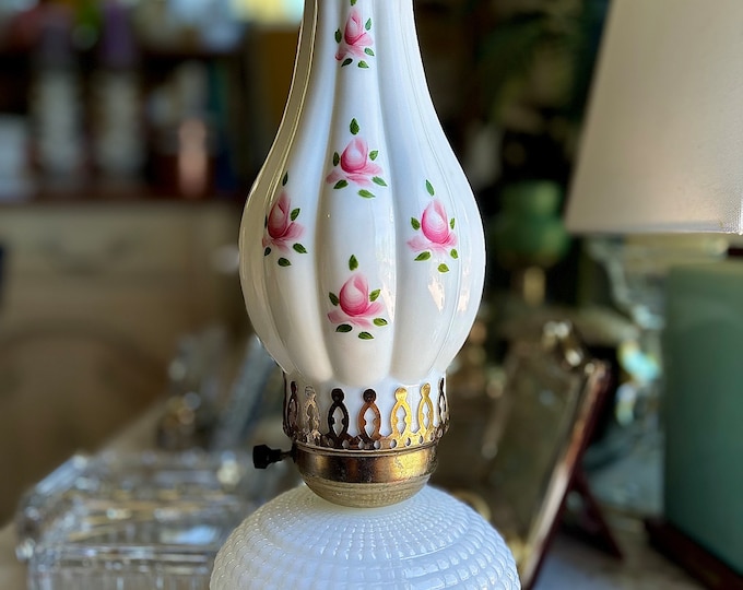 Hand Painted Milk Glass Hurricane Lamp