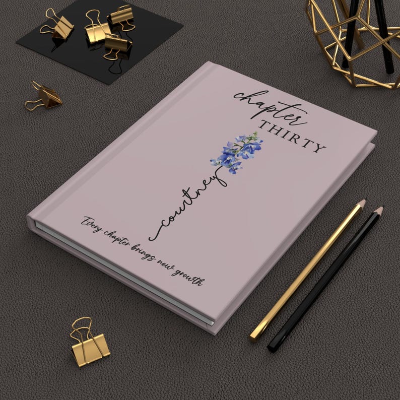 Może przedstawiać: Jasnofioletowy notatnik w twardej oprawie z napisem "chapter THIRTY" u g&oacute;ry, imieniem "courtney" zapisanym kursywą zintegrowanym z niebieską ilustracją kwiatową oraz frazą "Every chapter brings new growth" umieszczoną poniżej.
