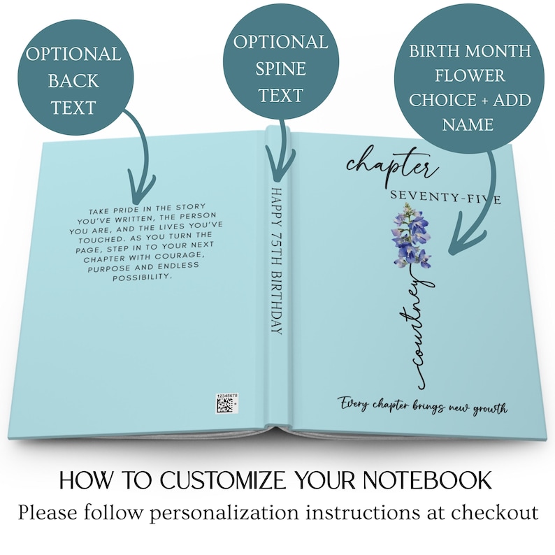 May include: A light blue notebook with a flat-lay cover design. The back cover features text about life stories, the spine reads HAPPY 75TH BIRTHDAY, and the front cover displays the text chapter SEVENTY-FIVE, the name Courtney, and a flower graphic.