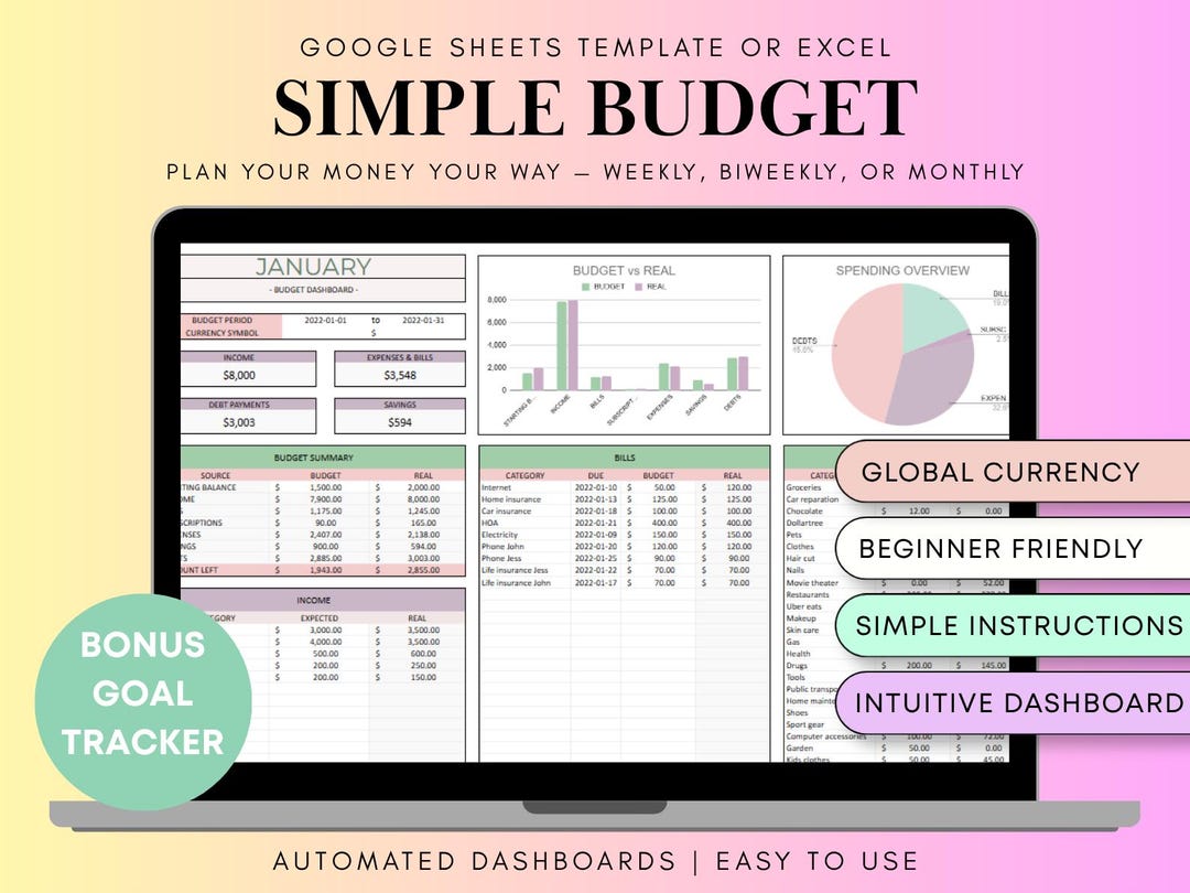 Simple Budget Planner Spreadsheet | Google Sheets Tracker (digital ...