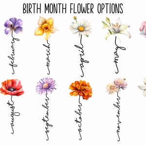 May include: A chart titled BIRTH MONTH FLOWER OPTIONS featuring twelve watercolor illustrations of flowers, each paired with its corresponding month name in black cursive script, ranging from January to December in a two-row grid layout.