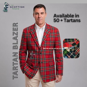 May include: A red tartan blazer with green and yellow accents. The blazer is part of a collection available in over 50 tartans. The image also features the text "Tartan Blazer" and "Available in 50+ Tartans".