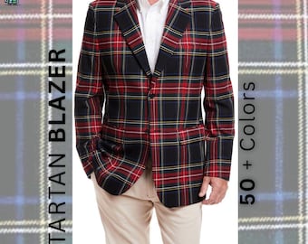 Premium Schwarzer Stewart Tartan Woll Blazer Herren - 2 Knopf Einreiher - Auch in 50 + Farben erhältlich