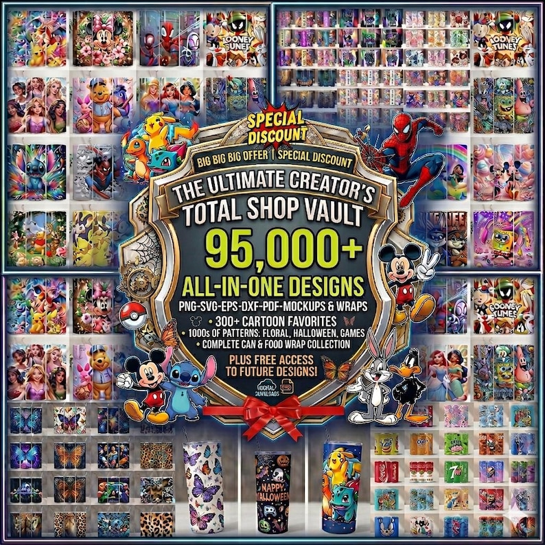 May include: A promotional image showcasing a vast collection of designs, including cartoon characters like Mickey Mouse, Stitch, and Bugs Bunny. The image features the text "The Ultimate Creator's Total Shop Vault" with over 95,000 designs, including PNG, SVG, and PDF files.