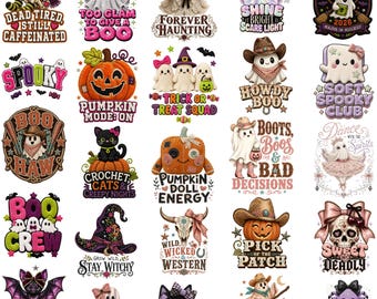 30 Halloween PNG Bundle, Faux Embroidery PNG, Coquette Ghost, Western Halloween, Camo Pumpkin, Spooky Sublimation Digital Download