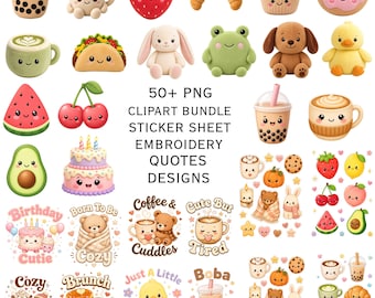 Kawaii Plush Inspired Clipart PNG Bundle Set, Cute Food Animal Stickers, Sublimation Designs for Shirts, Plushie Cake, Digital Download
