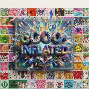 May include: A vibrant collage featuring the text "6000+ INFLATED" in a 3D style, surrounded by colorful gems and open books. The background is filled with various patterned designs, including cartoon characters and text.