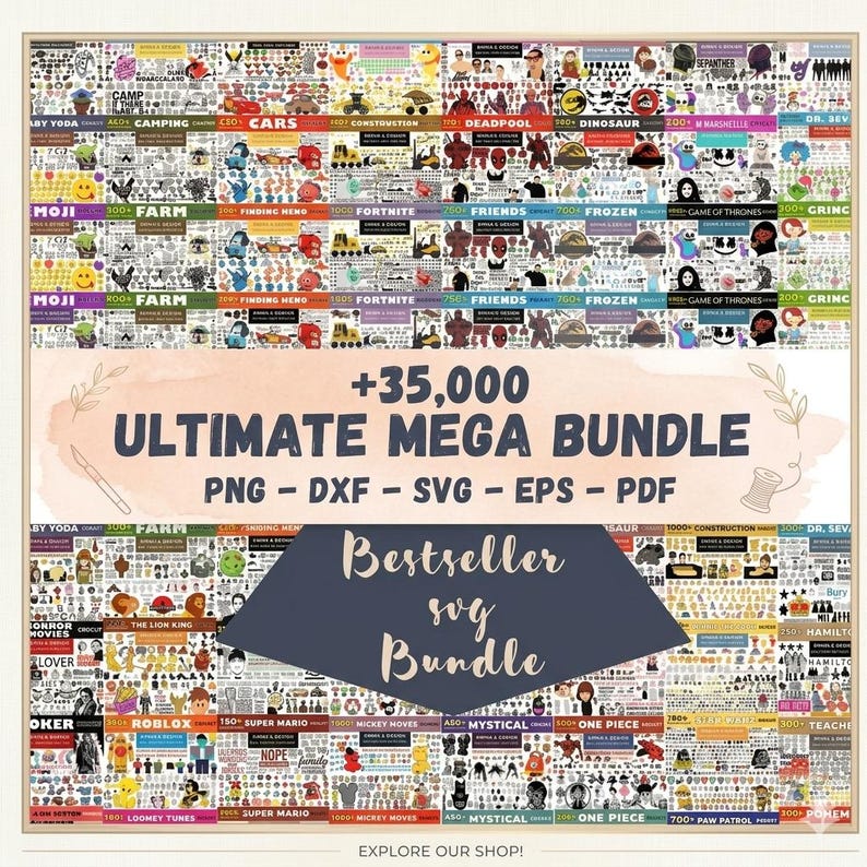 May include: A colorful graphic featuring a collection of SVG designs, including characters from popular movies, TV shows, and games. The image includes the text "+35,000 ULTIMATE MEGA BUNDLE" and "Bestseller svg Bundle". The bundle includes PNG, DXF, SVG, EPS, and PDF files.