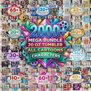 May include: A vibrant display of cartoon character tumblers, featuring designs from Mickey Mouse, Stitch, Bluey, Winnie the Pooh, and more. The image showcases a mega bundle of 20 oz tumblers with over 2000 designs, including Barbie, Super Mario, and The Little Mermaid.