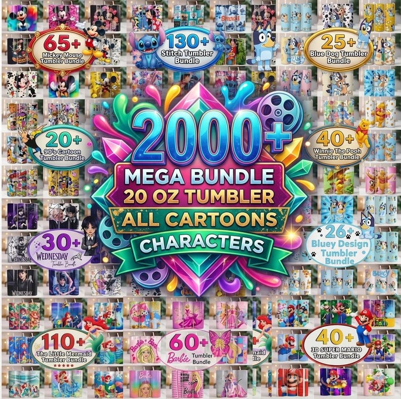 May include: A vibrant display of cartoon character tumblers, featuring designs from Mickey Mouse, Stitch, Bluey, Winnie the Pooh, and more. The image showcases a mega bundle of 20 oz tumblers with over 2000 designs, including Barbie, Super Mario, and The Little Mermaid.