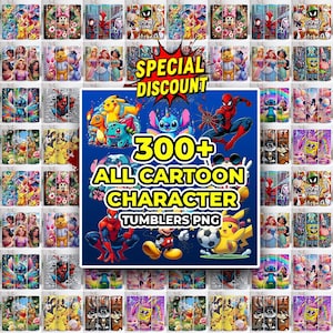 May include: A collection of tumblers featuring various cartoon characters, including Spider-Man, Mickey Mouse, and Pikachu. The image includes the text "300+ ALL CARTOON CHARACTER TUMBLERS PNG" and "SPECIAL DISCOUNT". The tumblers showcase colorful designs.
