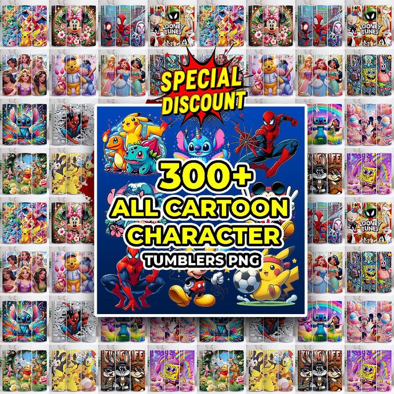 May include: A collection of tumblers featuring various cartoon characters, including Spider-Man, Mickey Mouse, and Pikachu. The image includes the text "300+ ALL CARTOON CHARACTER TUMBLERS PNG" and "SPECIAL DISCOUNT". The tumblers showcase colorful designs.
