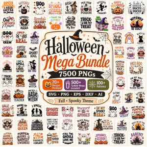 Könnte beinhalten: Eine digitale Sammlung von Halloween-Grafikdesigns mit Geistern, Kürbissen, Hexen und Skeletten. Der zentrale Text lautet Halloween Mega Bundle 7500 PNGs, ergänzt durch Angaben zu den Dateiformaten SVG, PNG, EPS, DXF und AI.