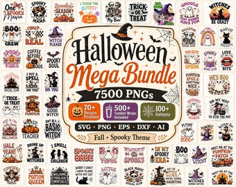 7500+ Halloween Mega SVG PNG Bundle, Funny Spooky Vibes Png, Cute Retro Fall Clipart, Trick Or Treat, Horror Ghost Pumpkin Witch Designs
