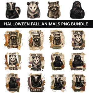 Peut inclure: Une collection numérique d'illustrations d'animaux d'automne pour Halloween comprenant des mouffettes, des opossums, des ratons laveurs et des corbeaux. Les graphiques incluent des fonds en papier vintage, des feuilles d'automne et des étiquettes.